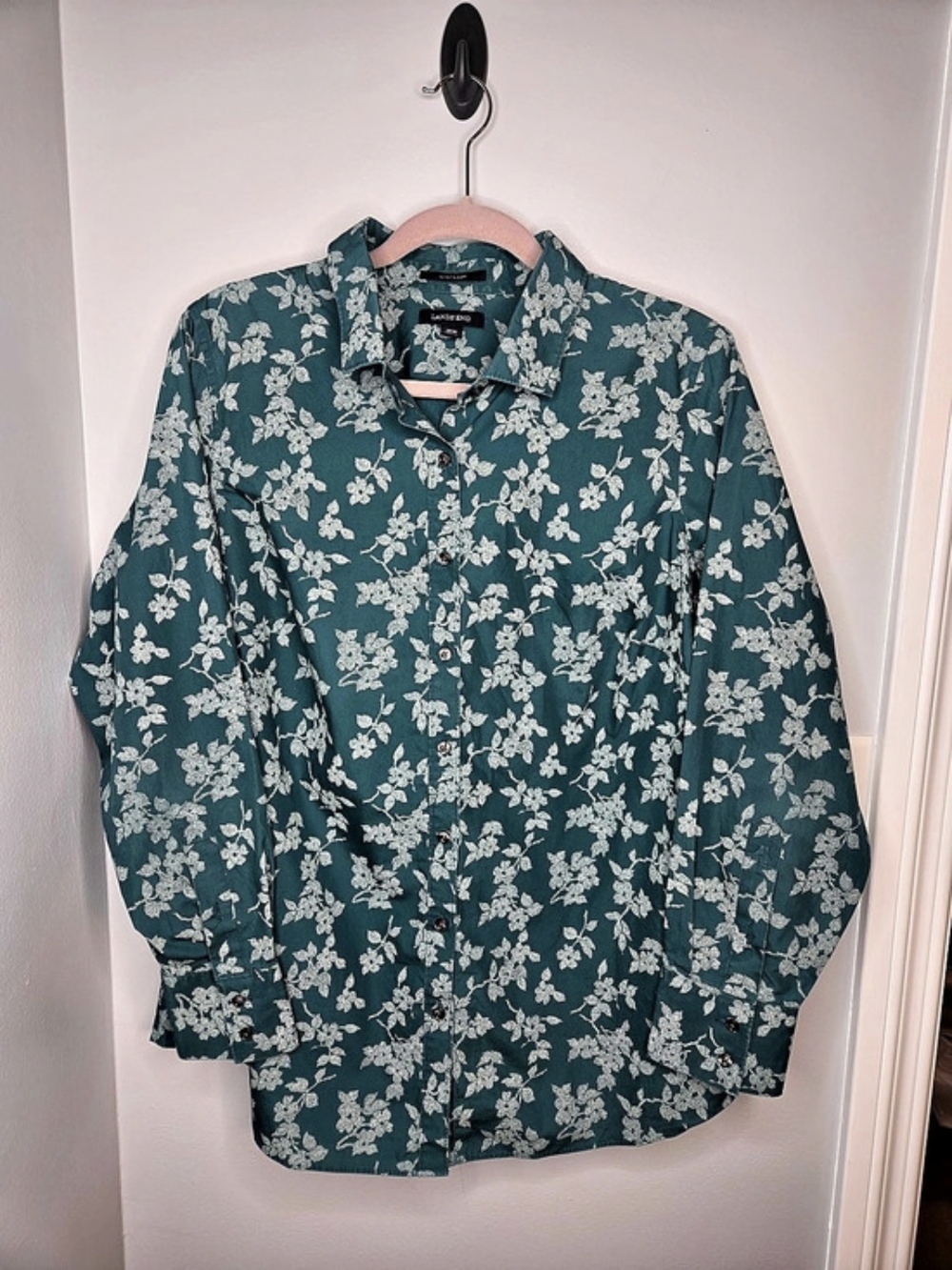 Lands' End No Iron Supima Floral Button Down Shirt Blue & White Size 16W